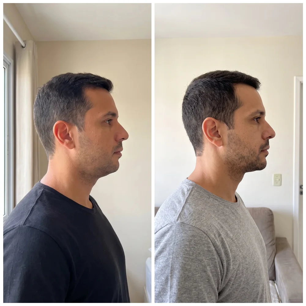 Antes e depois de perfil: linha do maxilar marcada