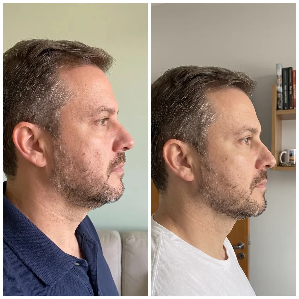 Antes e depois de perfil: maxilar definido e menos papada