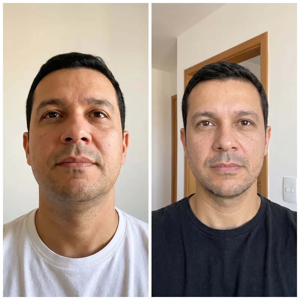Antes e depois de frente: rosto mais quadrado