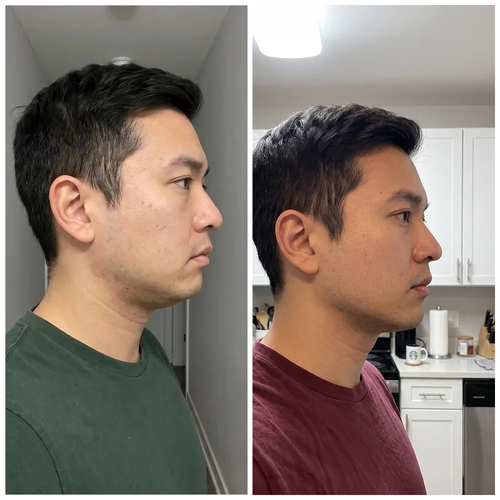 Antes e depois de perfil: transição entre rosto e pescoço mais desenhada
