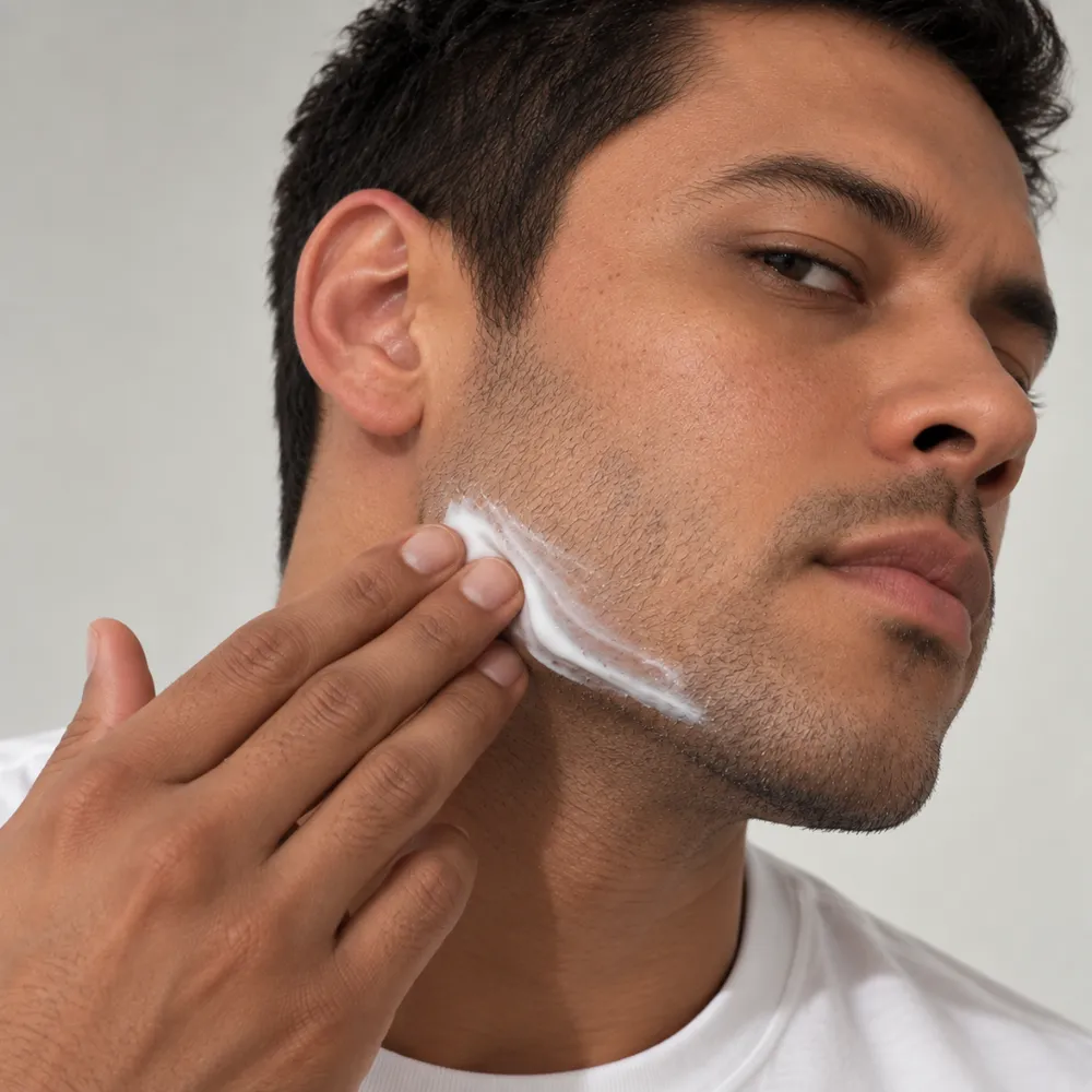 Homem aplicando o Harmonizador Facial na linha da mandíbula